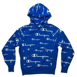 Champion Reverse Weave Script Hoodie Blue - Men’s SMALL - Logo Sweatshirt NICE